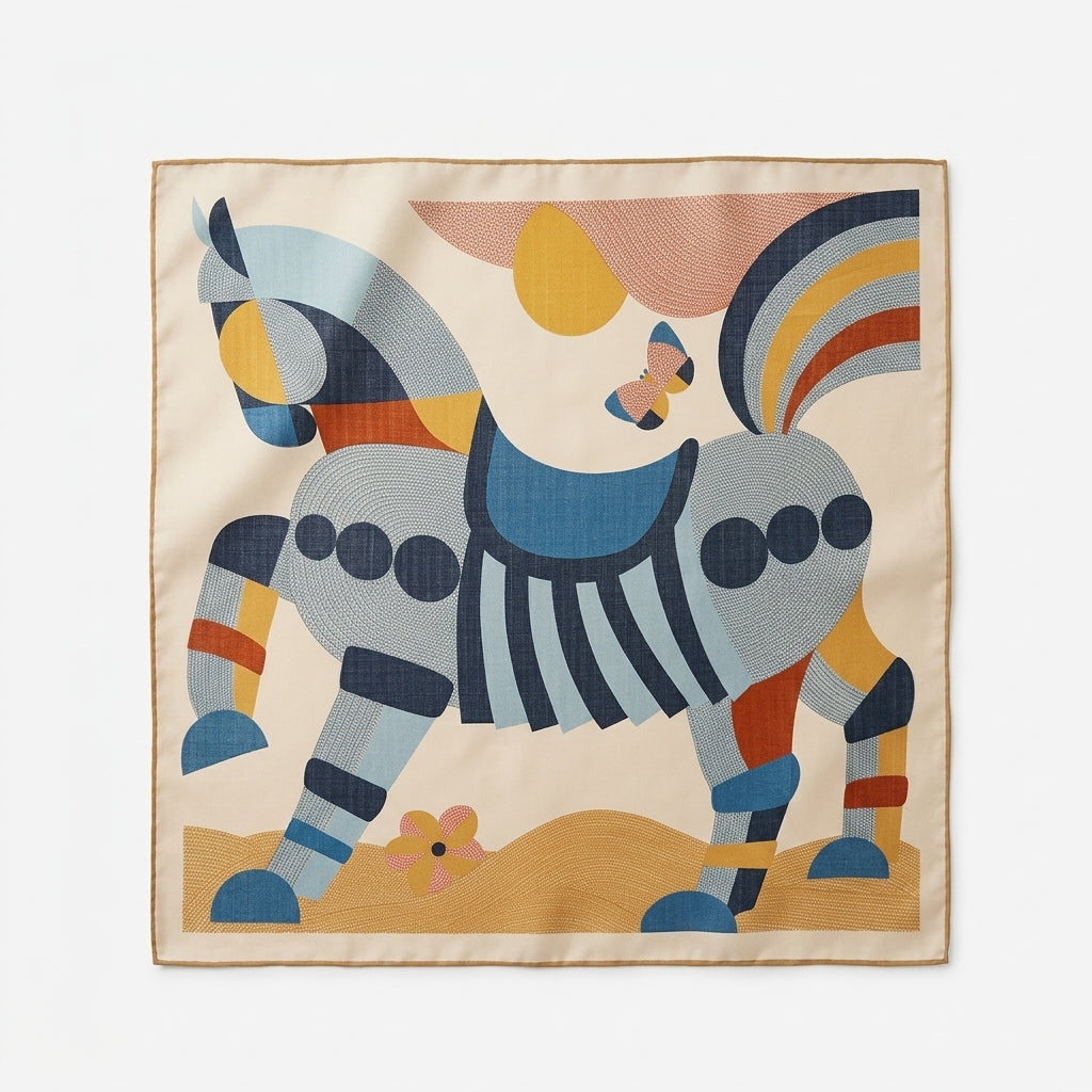 Woll-Seiden-Schal im Pop-Art-Stil mit geometrischem Pferdemotiv